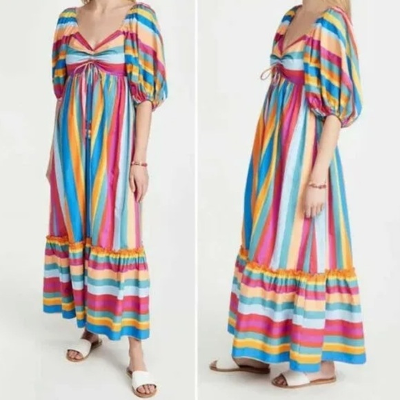 Farm rio large striped rainbow puffy sleeve dress. - Picture 2 of 12